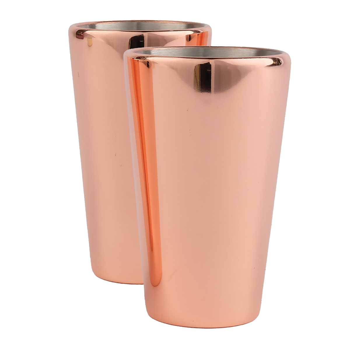 Two copper-finish shot glasses standing side by side