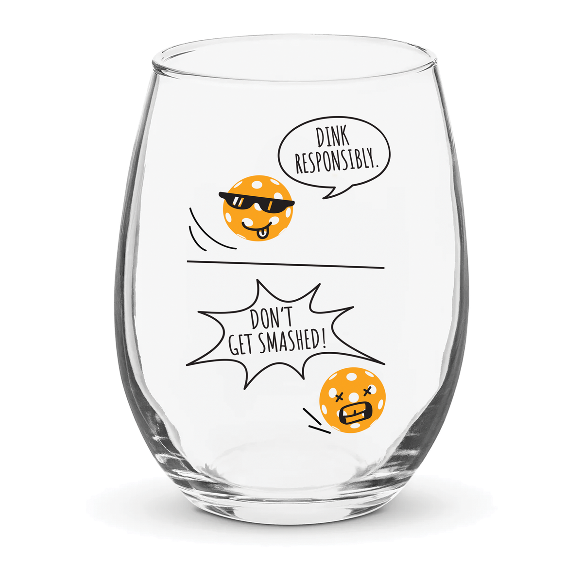 Stemless wine glass printed with a pickleball cartoon design
