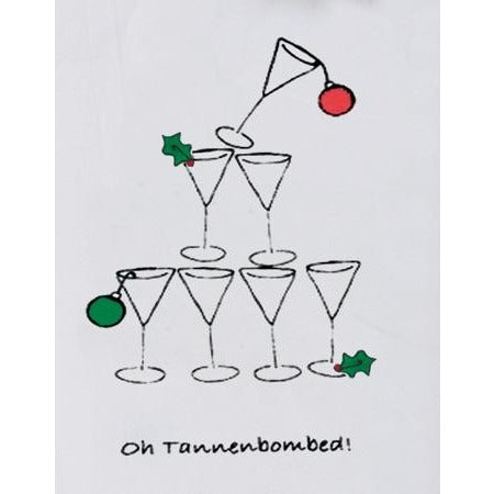 Cotton bar towel printed with “Oh Tannenbaumed”