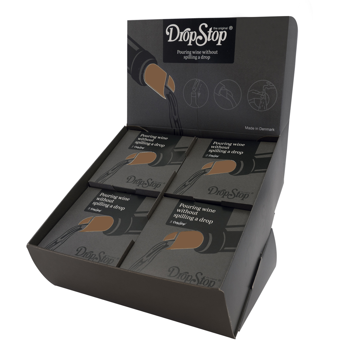 Drop Stop retail counter display filled with boxed five-packs