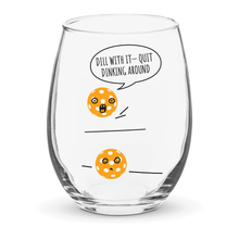 Stemless wine glass printed with a comic-style pickleball cartoon