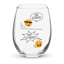 Stemless wine glass printed with a pickleball cartoon design