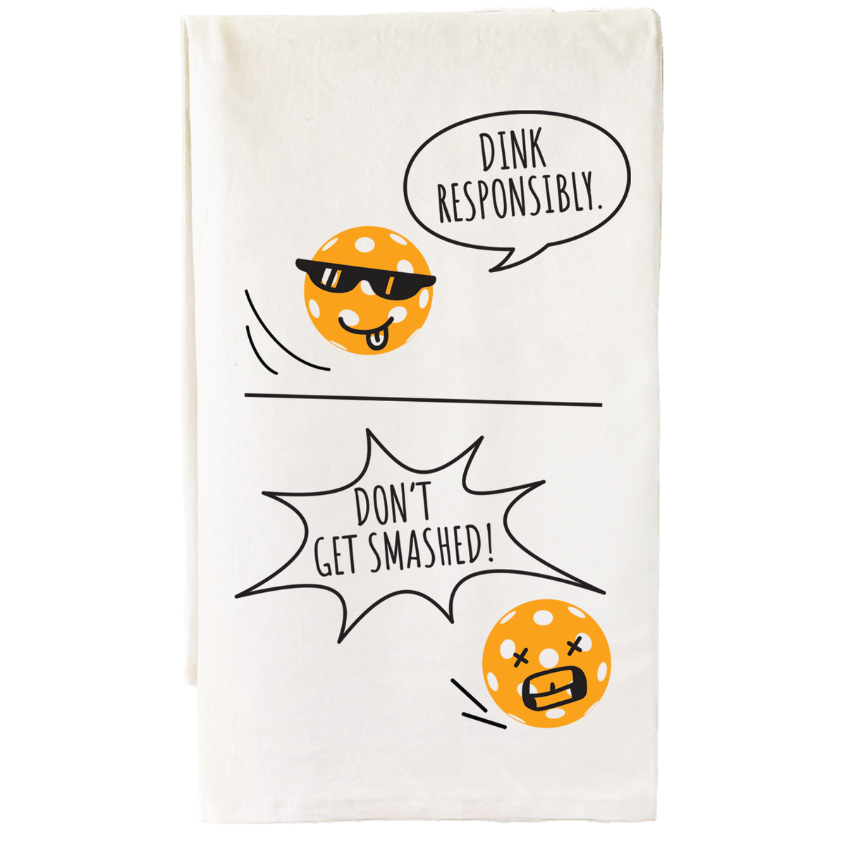 White cotton bar towel printed with a pickleball cartoon design