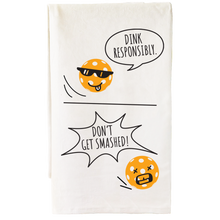 White cotton bar towel printed with a pickleball cartoon design