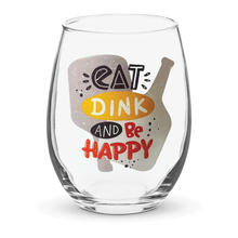 Stemless wine glass printed with a colourful pickleball slogan