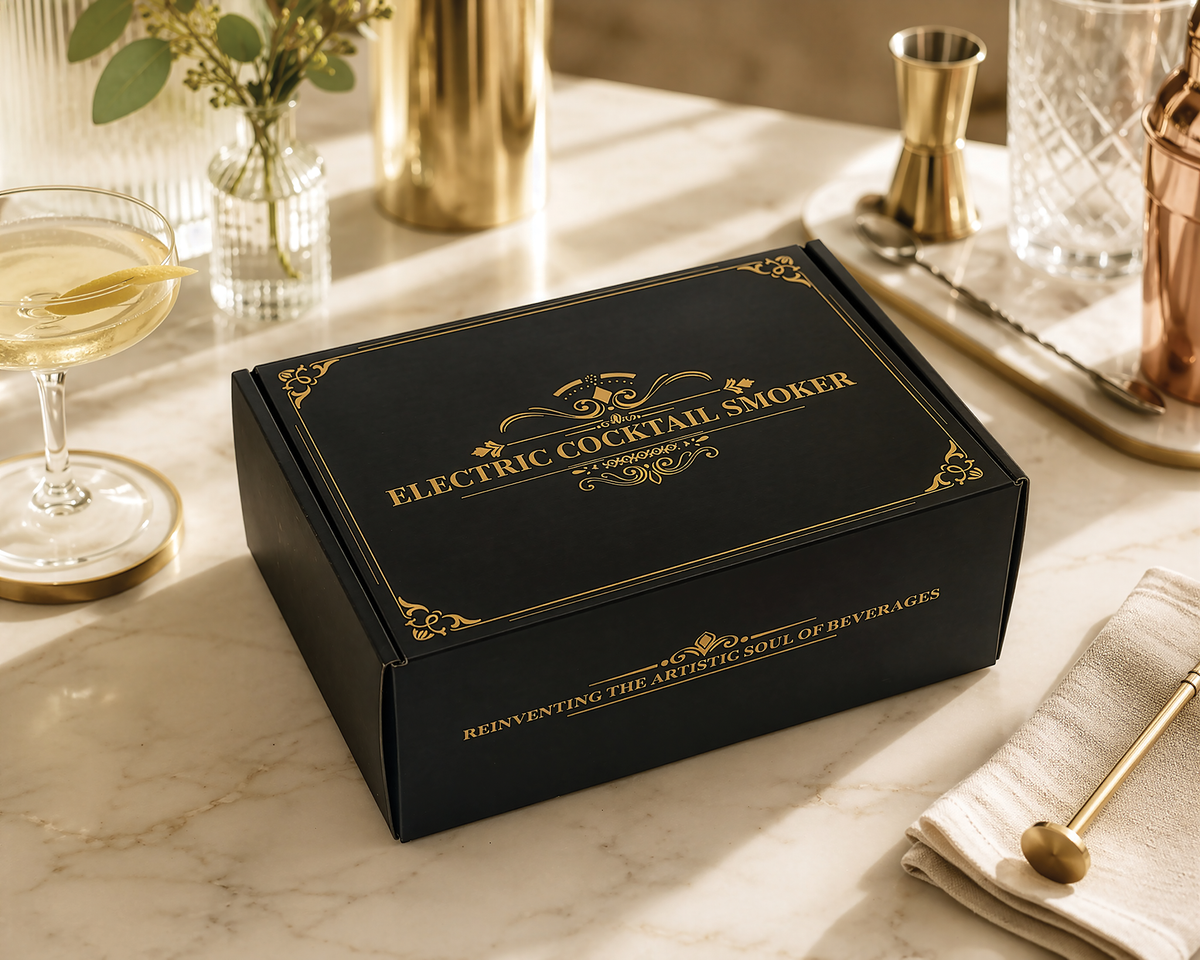 Electric cocktail smoker in its black presentation box on a table