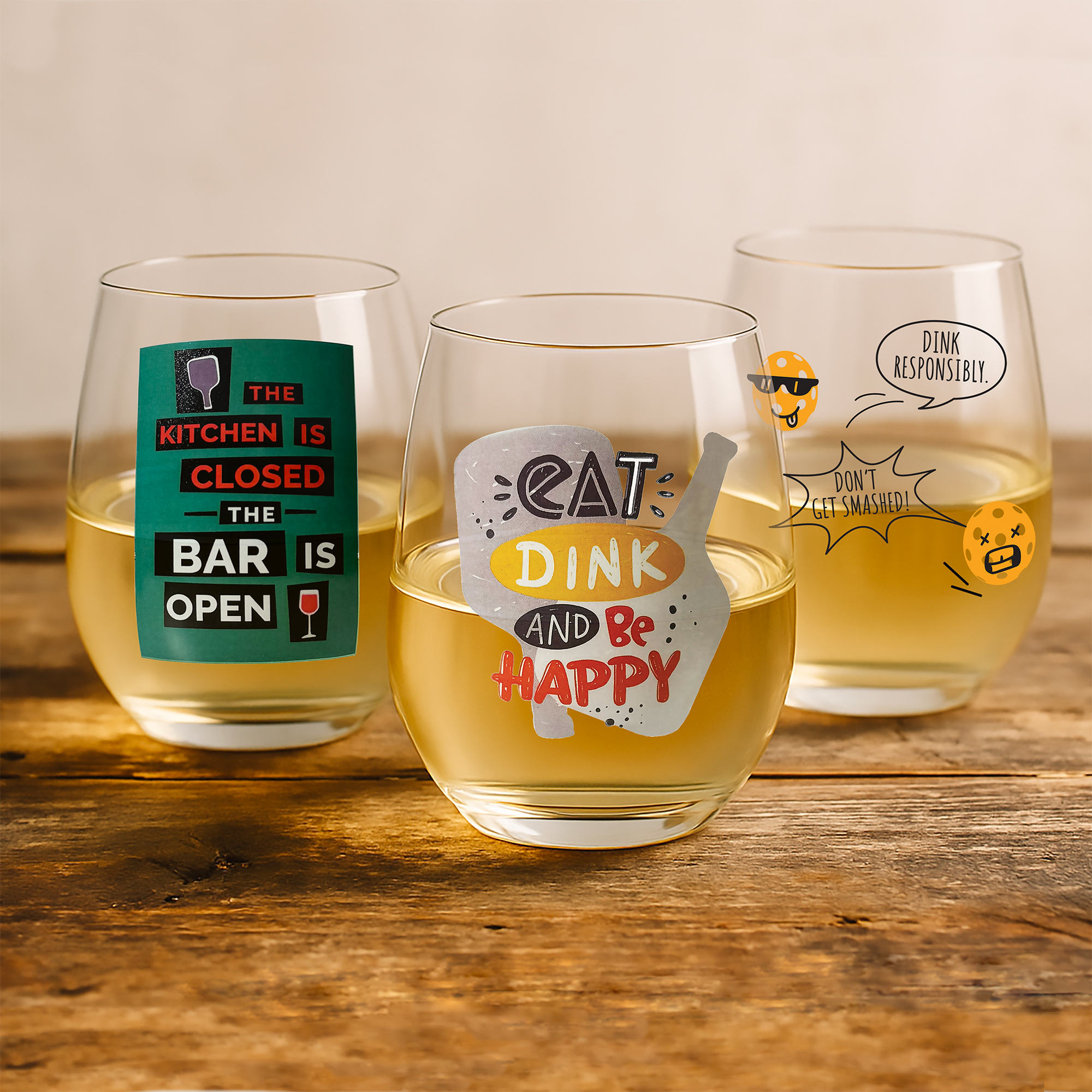 Pickleball "Eat, Drink & Be Happy" Glasses
