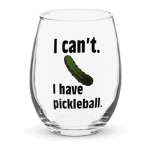 Stemless wine glass printed with a pickleball slogan and a pickle graphic