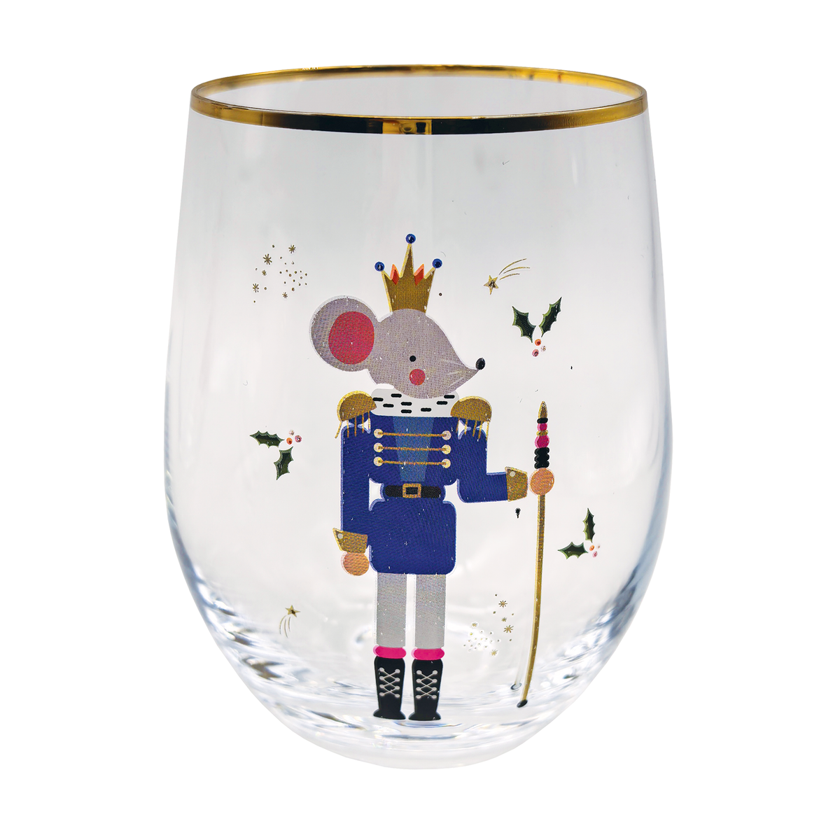 Stemless wine glass painted with the Mouse King character
