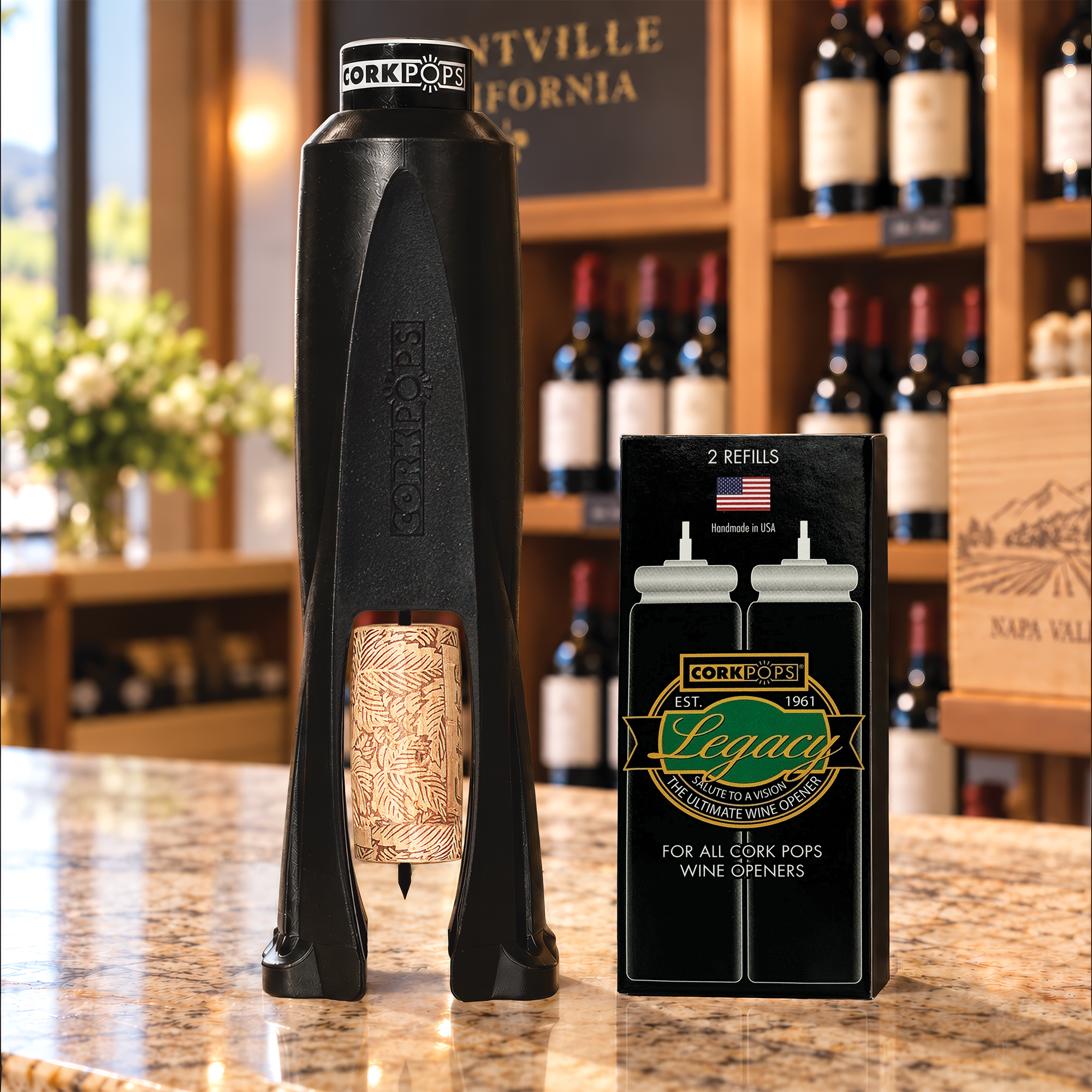 Cork Pops Legacy wine opener holding a lifted cork, beside a box of two refill cartridges