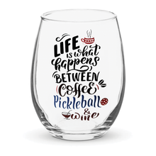 Stemless wine glass printed with a pickleball slogan in hand-lettered type
