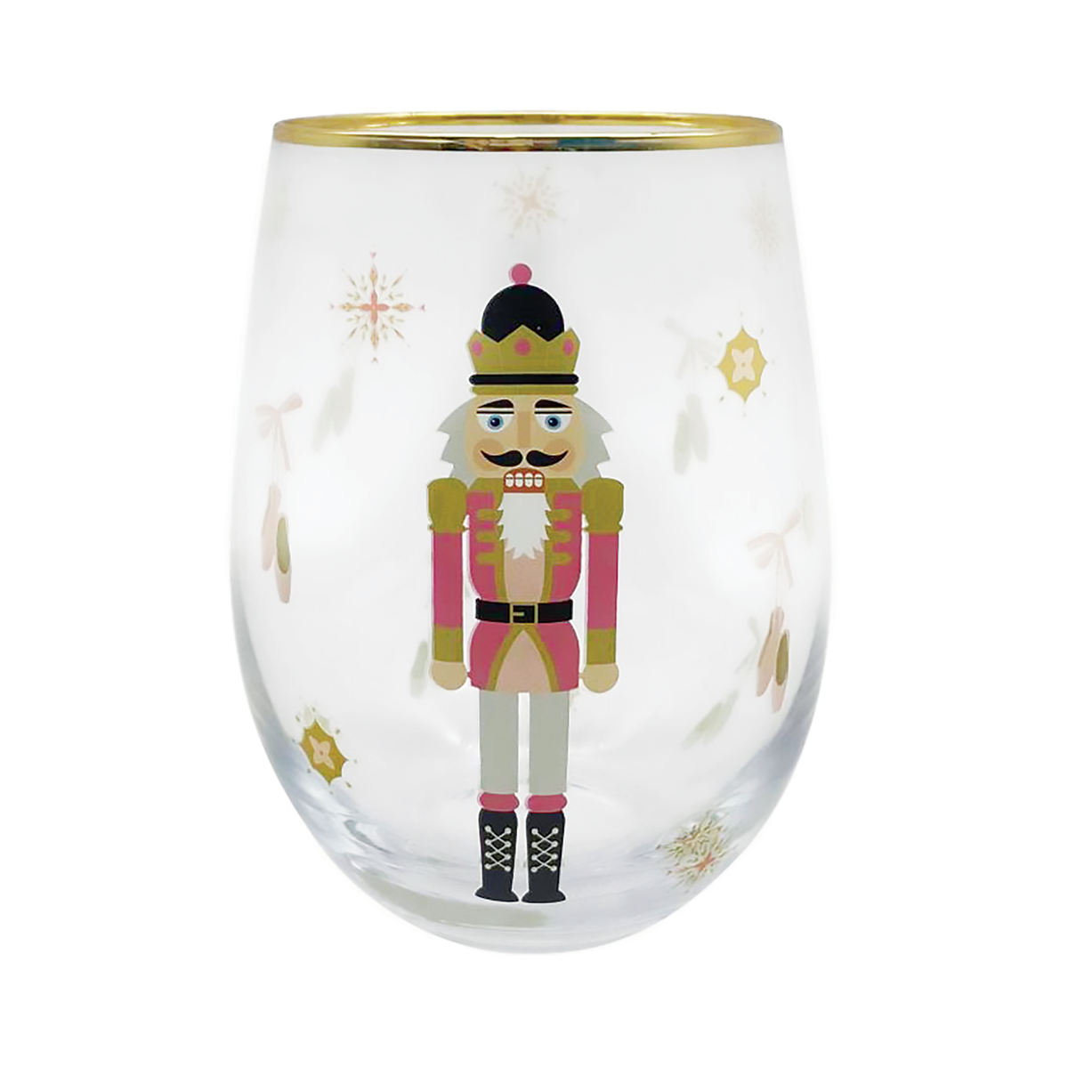 Stemless wine glass painted with a nutcracker soldier in a black hat