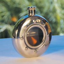Stainless steel Portside hip flask with a nautical porthole face
