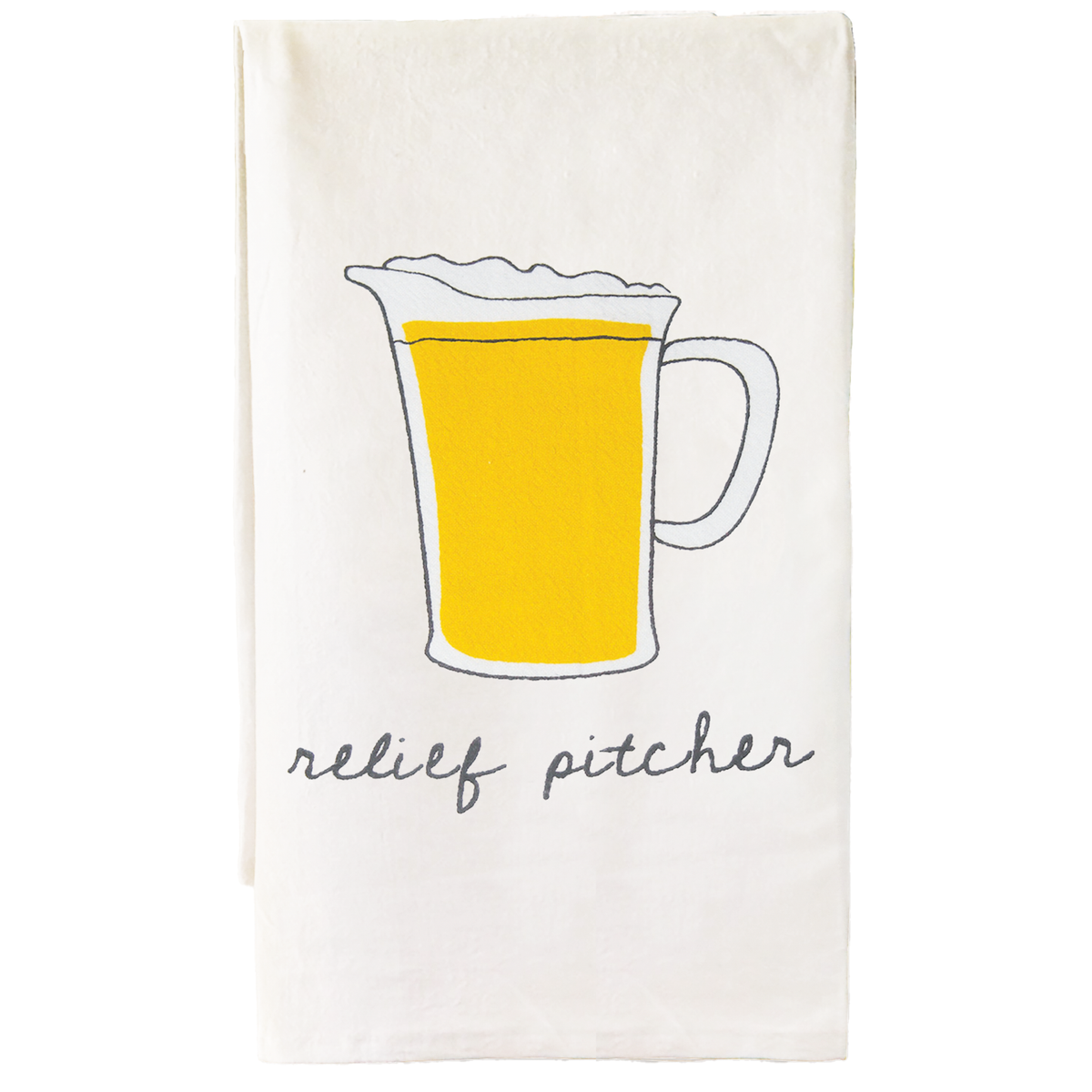 Cotton bar towel printed with “Relief Pitcher”