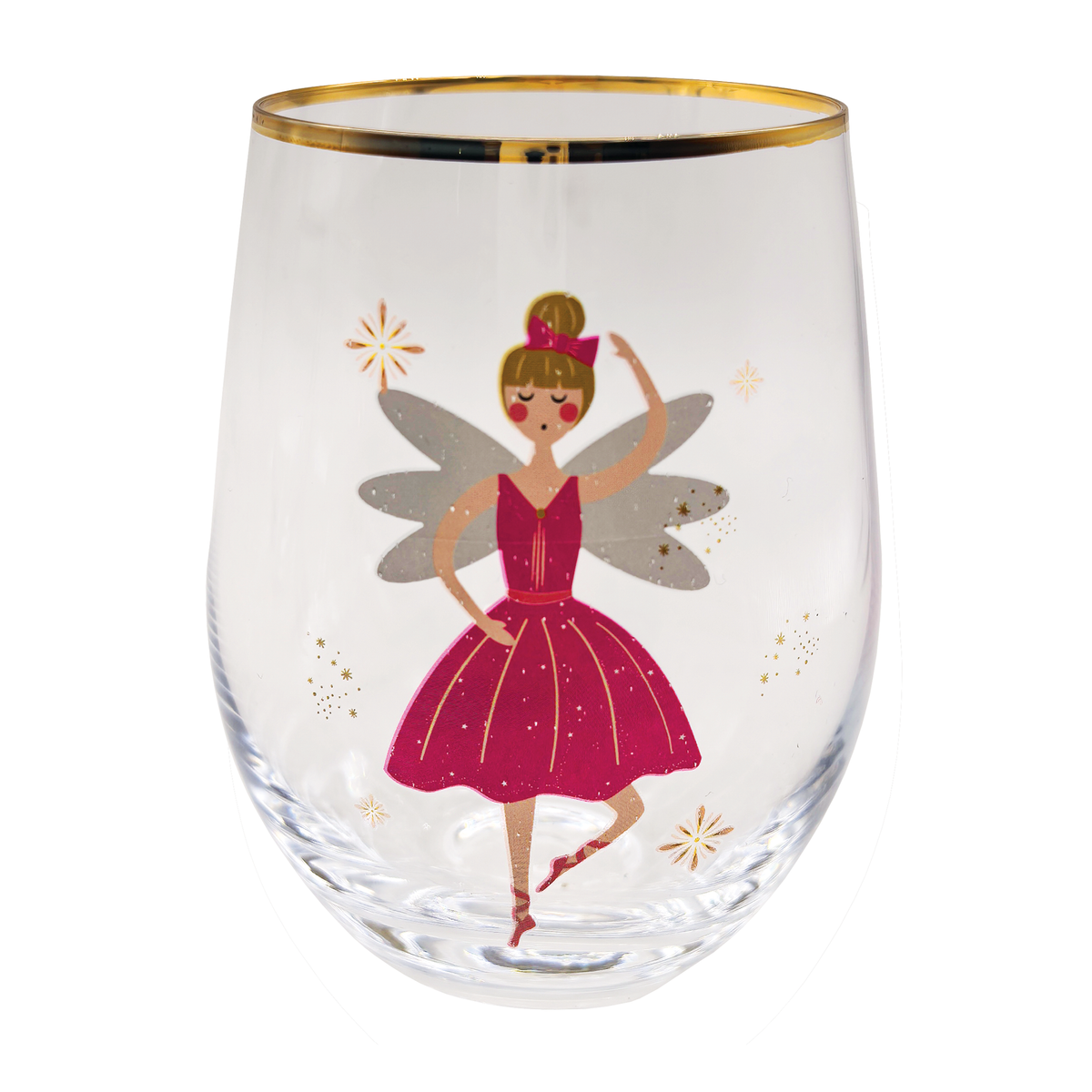 Stemless wine glass painted with a sugar plum fairy in pink