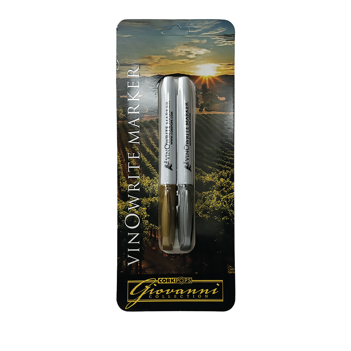 vinOwriter gold and silver wine glass markers on their retail card