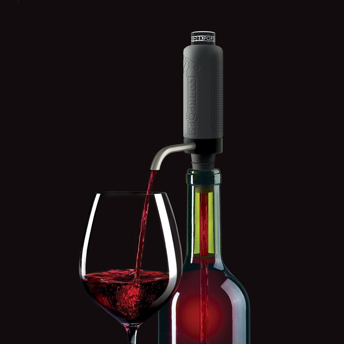 VinOstream aerator fitted to a wine bottle beside a filled glass