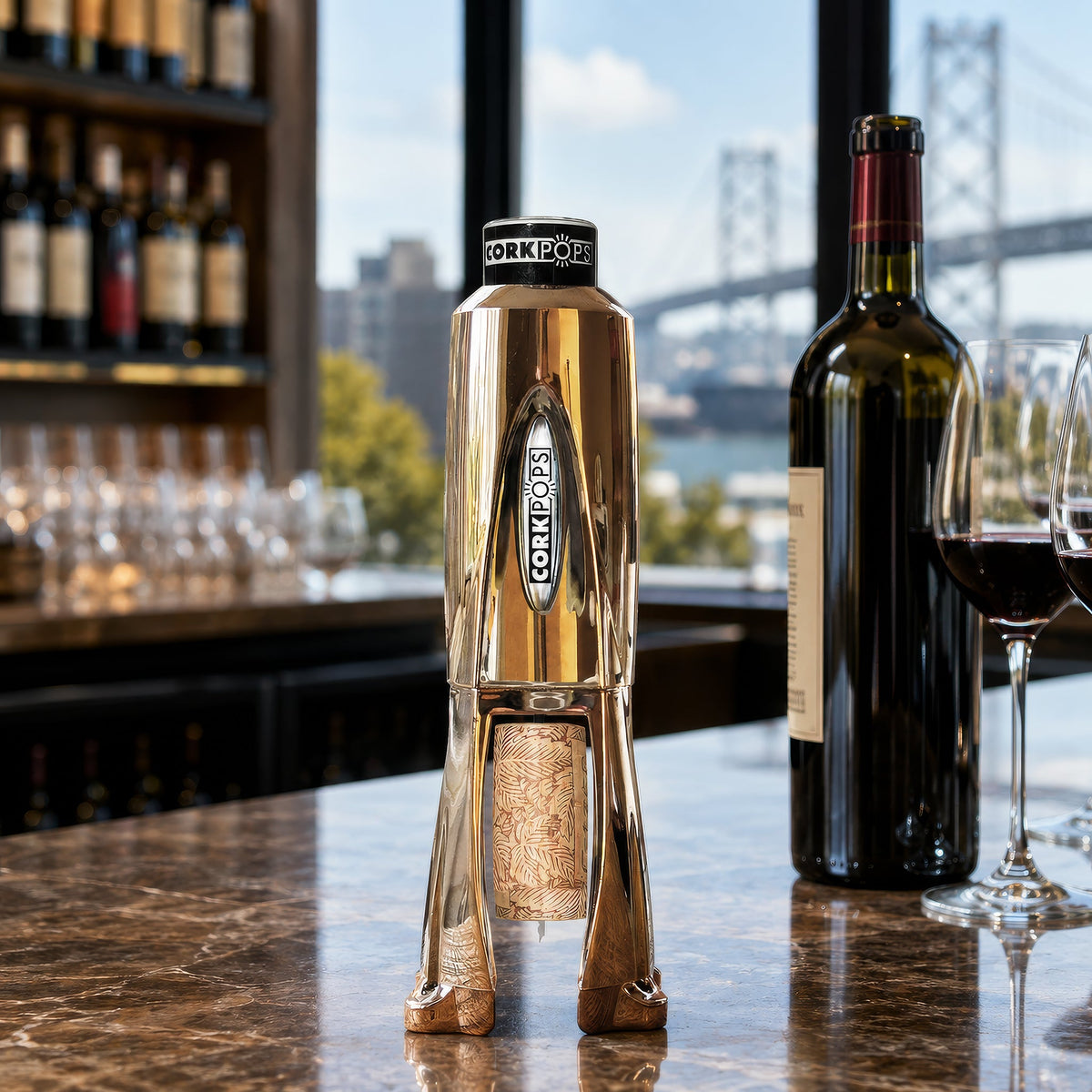 Copper Cork Pops Legacy opener on a bar with wine bottles behind it