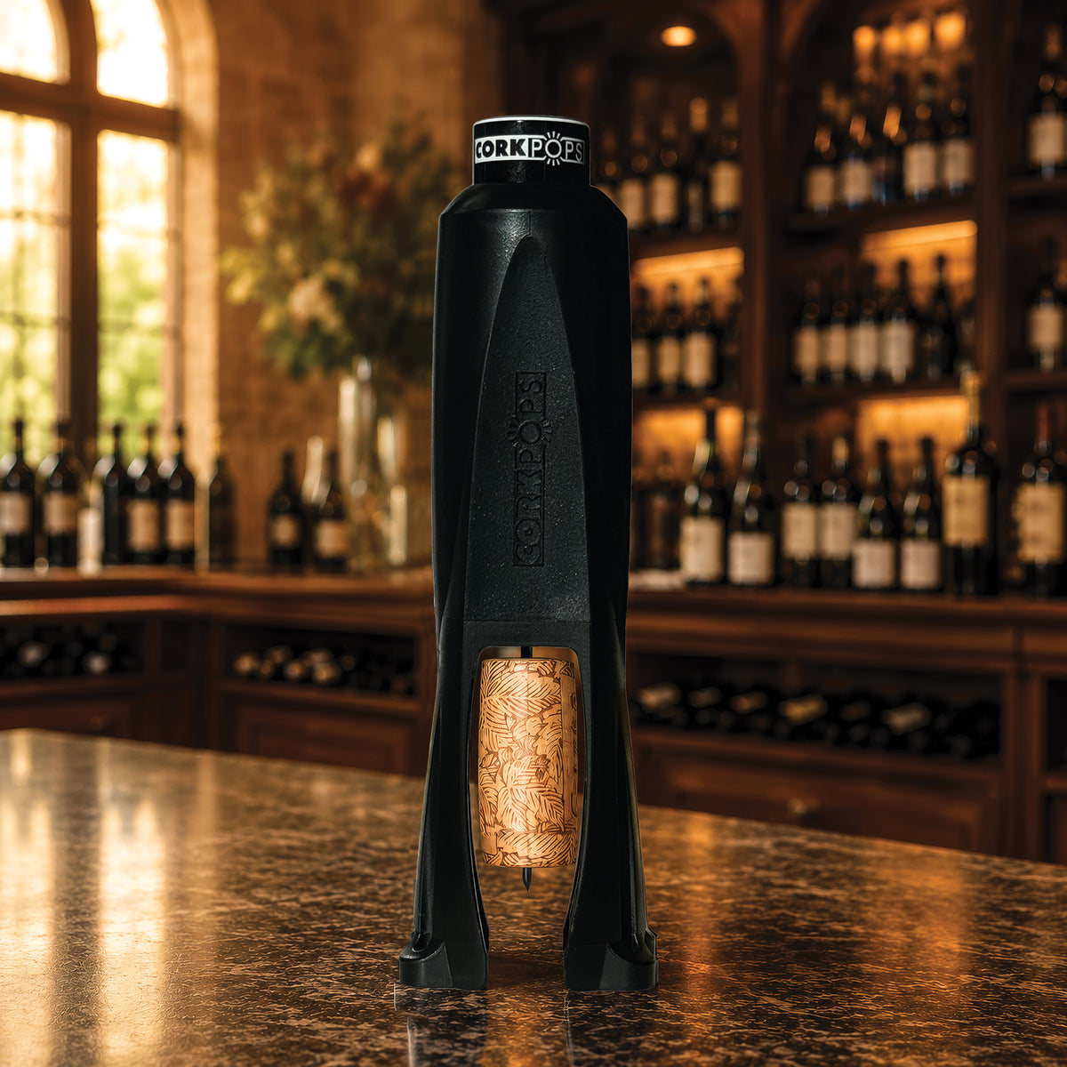 Black Cork Pops Legacy opener standing on a bar top