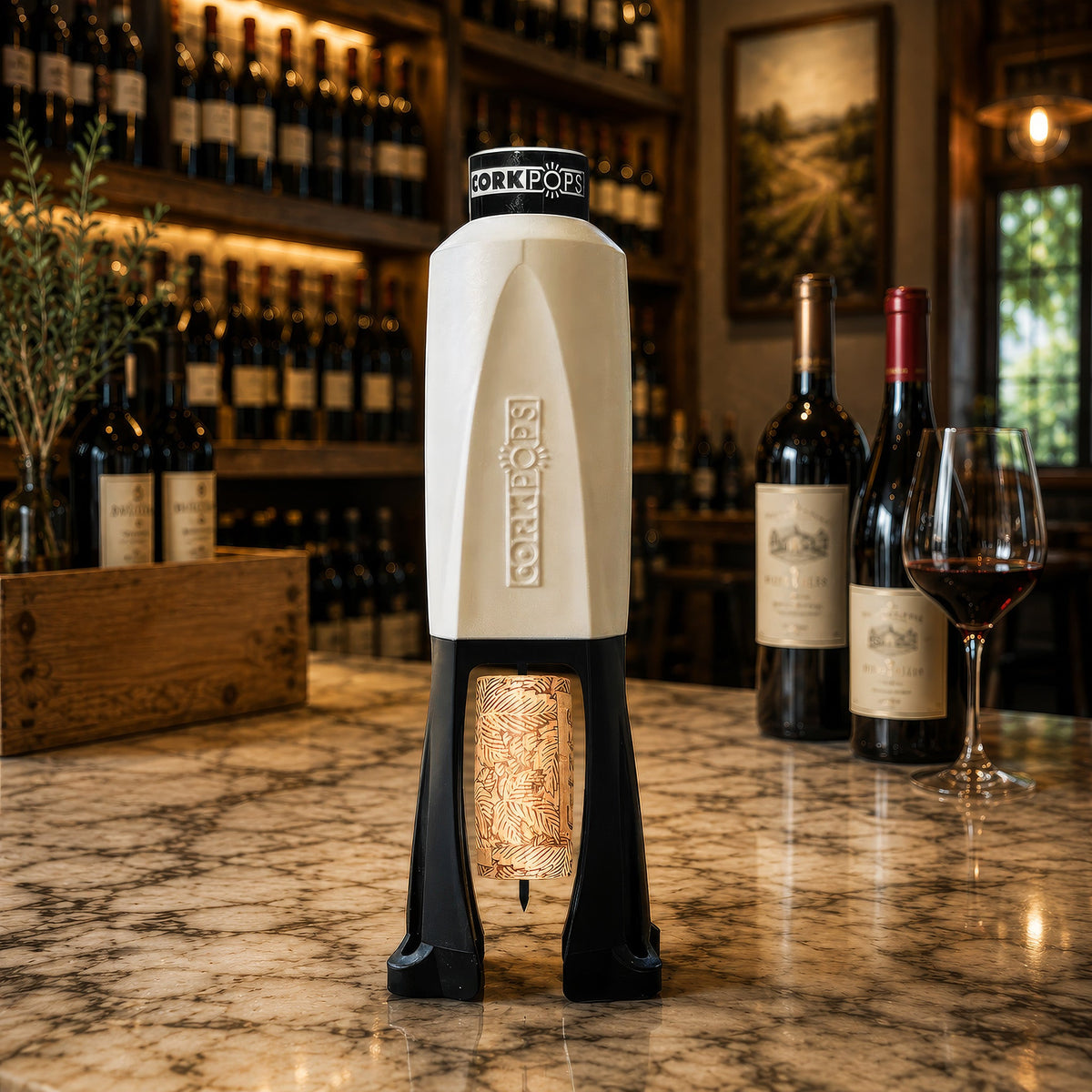 Tux Cork Pops Legacy opener on a marble bar with bottles behind