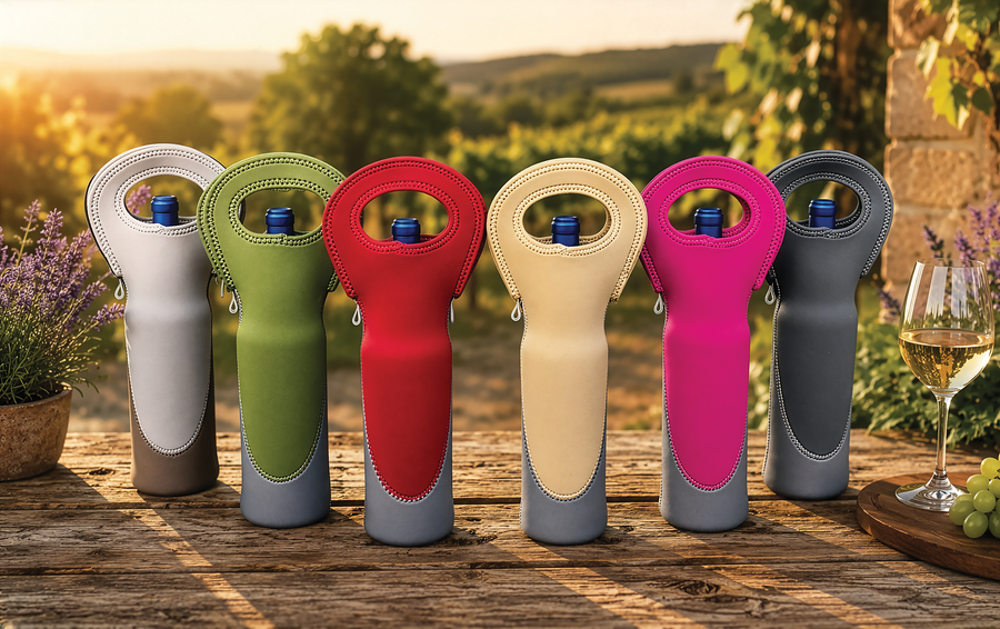 Set of colorful wine bottle holders on a wooden surface with a scenic background.