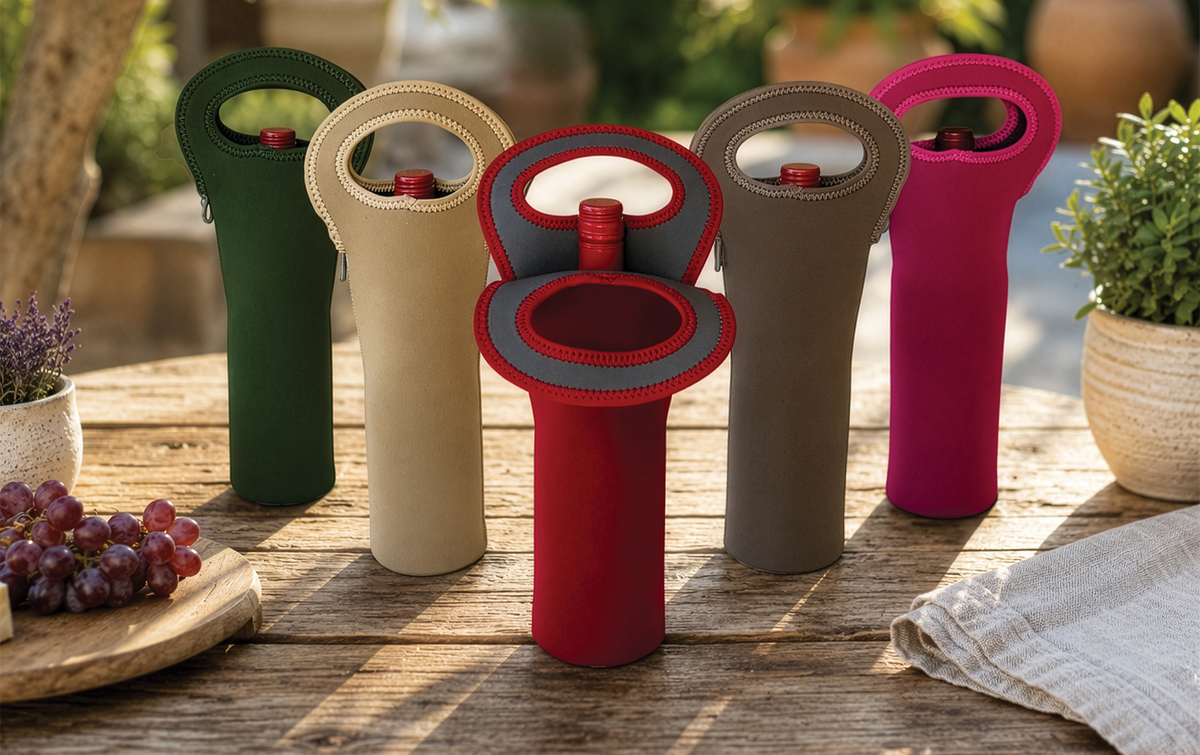 Single-bottle neoprene wine totes in a row on a wooden surface