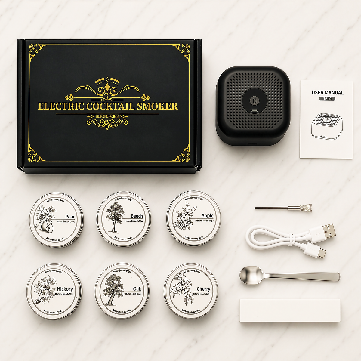 Electric cocktail smoker kit laid out with lids, wood chips and tools