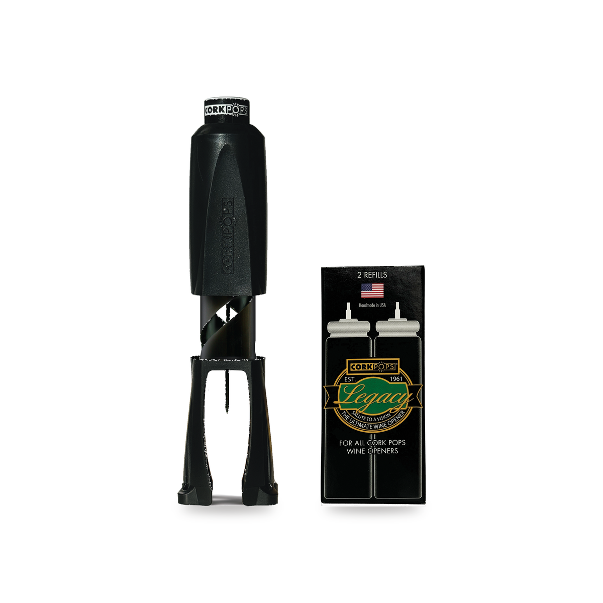 Cork Pops Legacy wine opener beside one box of two refill cartridges