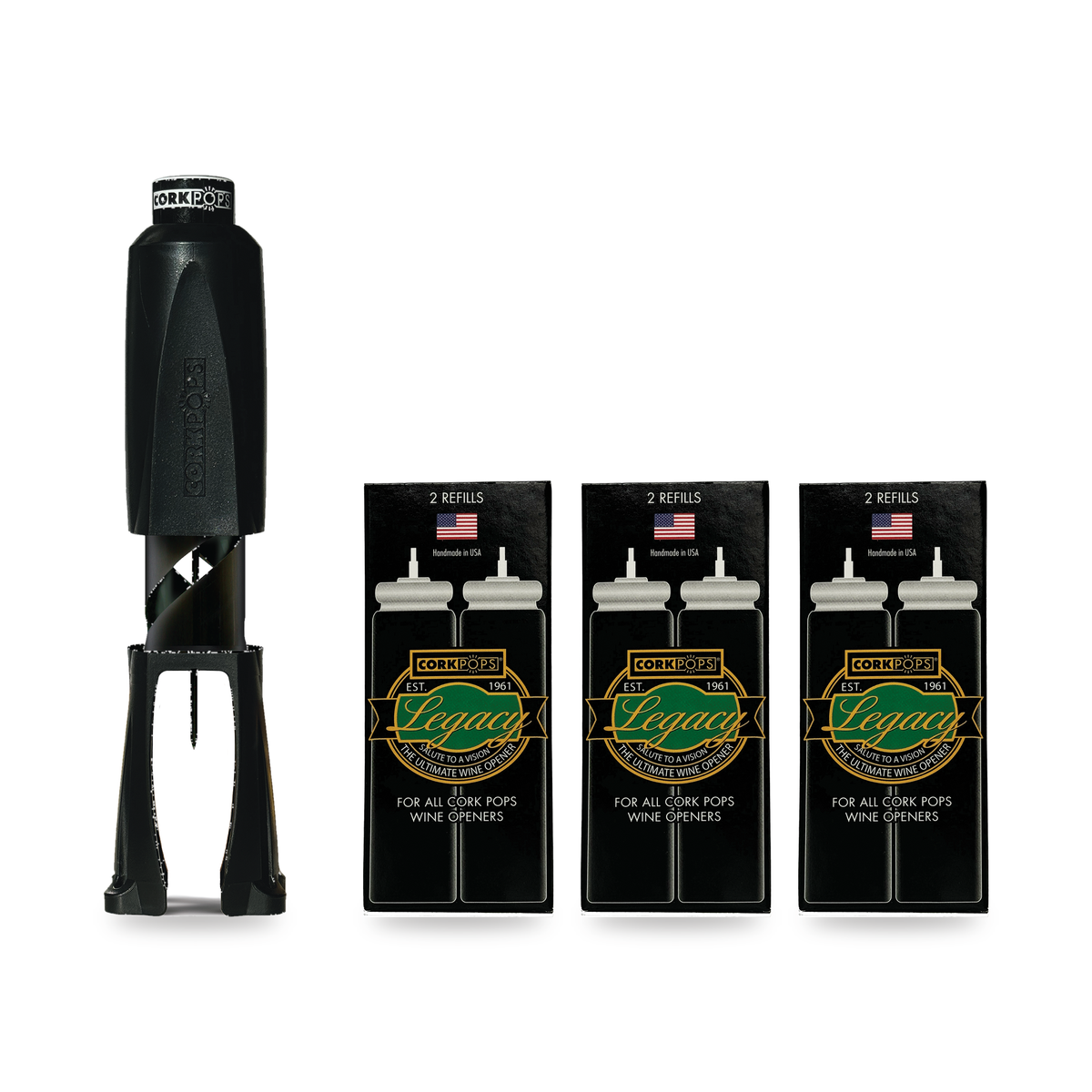 Cork Pops Legacy wine opener beside three boxes of refill cartridges, six cartridges in all