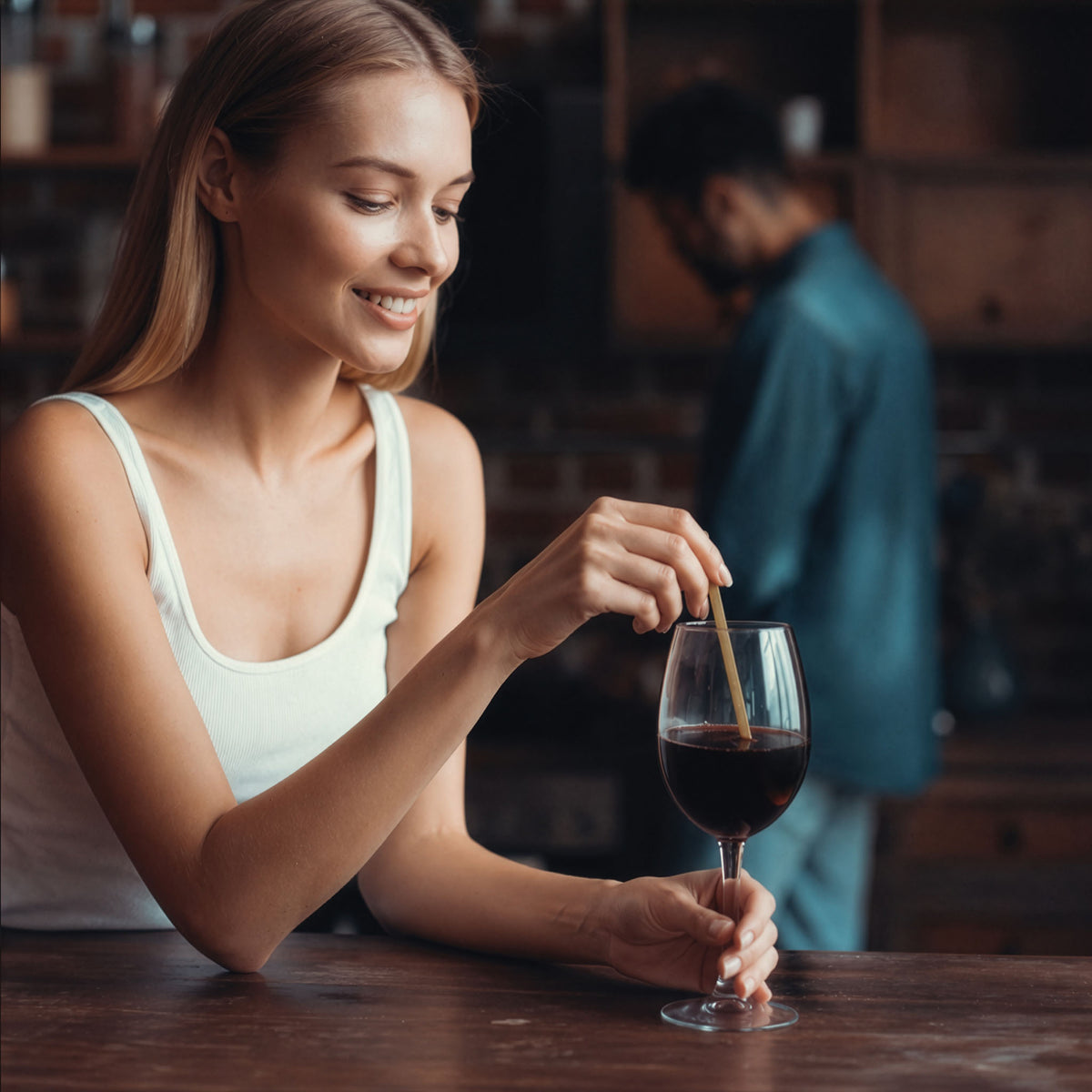 Woman using a VinOstiq wand in a glass of red wine