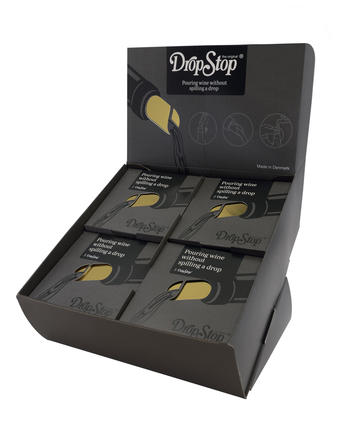 Drop Stop retail counter display filled with boxed five-packs