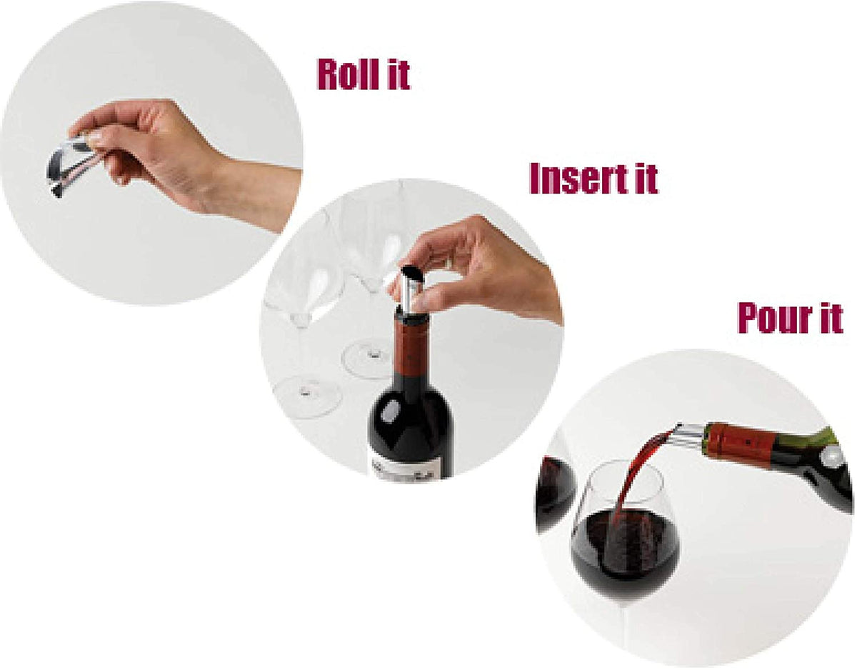 Three steps illustrated: roll the disc, insert it, then pour