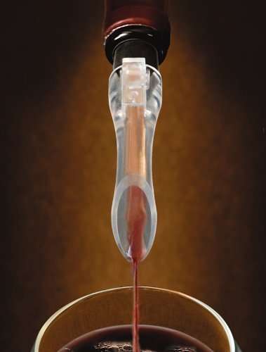 VinOair aerator fitted to a bottle, wine streaming through it