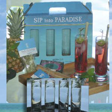 Sip into Paradise packaging showing tropical drinks on the front
