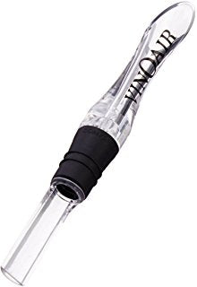 Clear VinOair wine aerator with its black grip, shown on its own